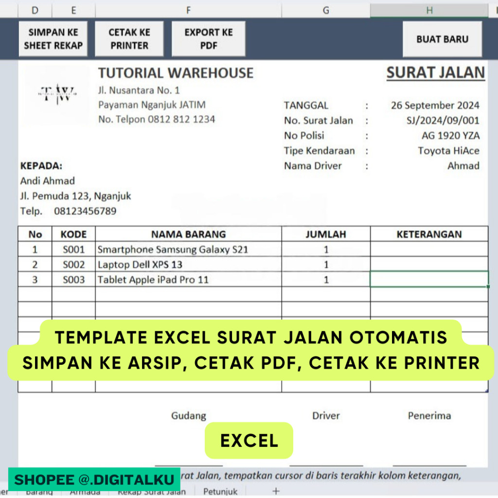 Jual Template Excel Surat Jalan Otomatis Simpan ke Arsip, Cetak PDF ...