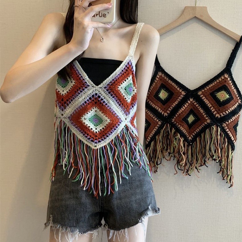 Jual Tank Top Wanita Crochet Rajut Vest Rumbai Knit Rompi Tanktop Crop ...
