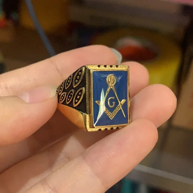 Jual Men's Freemason Freemasonry Blue Enamel Gold Color Stainless Steel ...