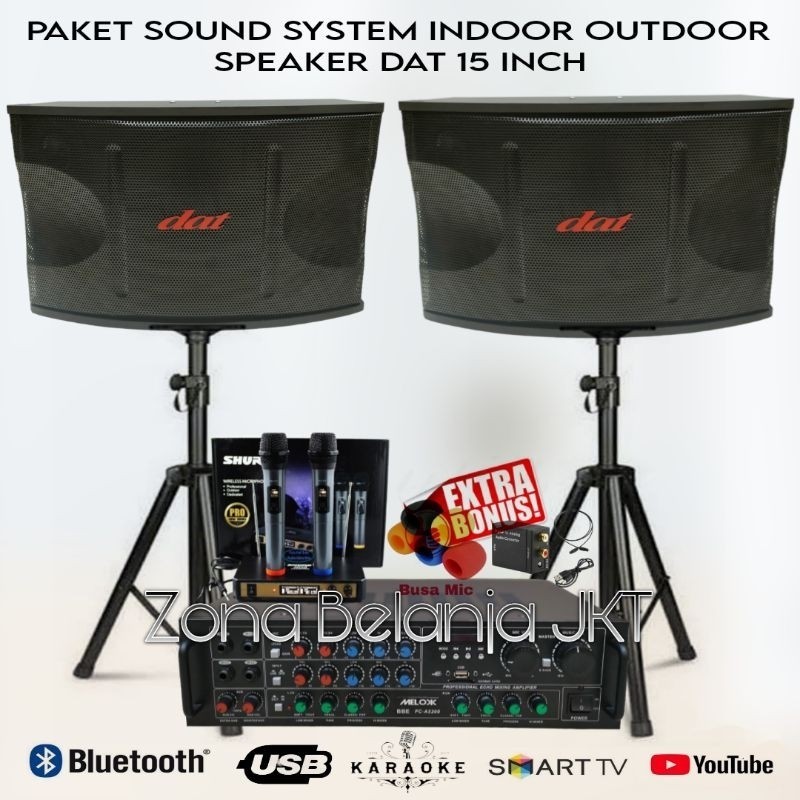 Jual PAKET SOUND SYSTEM KARAOKE INDOOR OUTDOOR SPEAKER DAT 15 INCH AMPLIFIER USB BLUETOOTH MIC