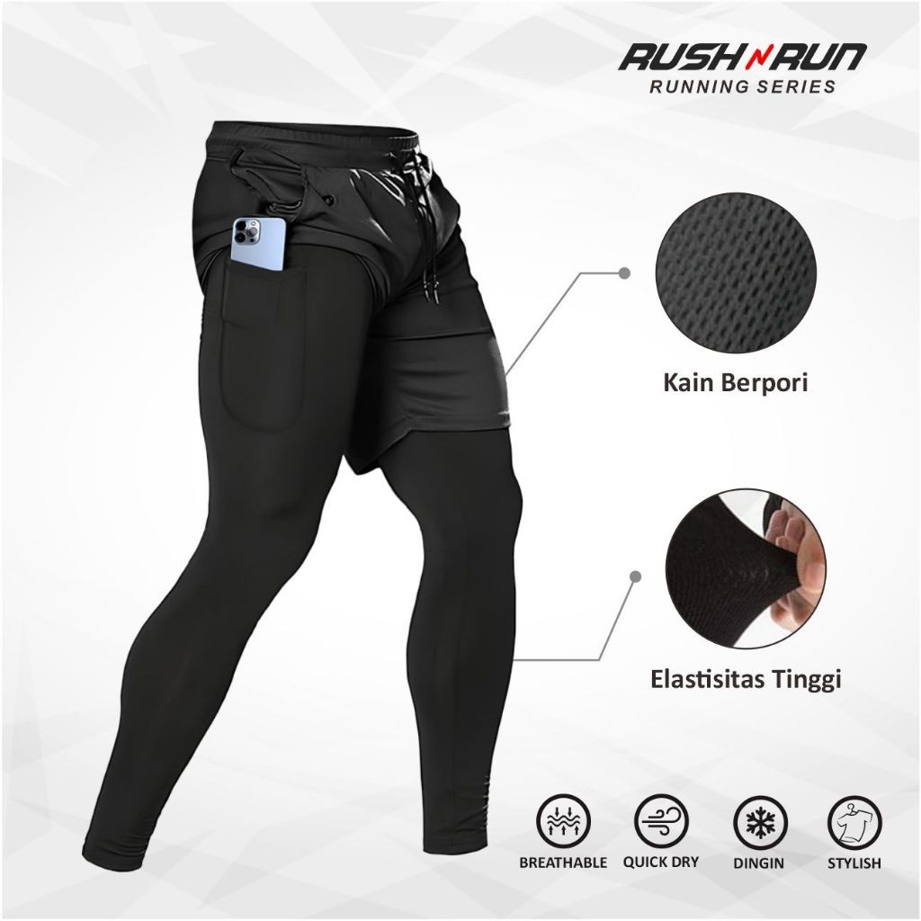 Rush n Run Celana Pendek Olahraga Pria 2 In 1 Clana Training Gym Lari Running Compression Sport