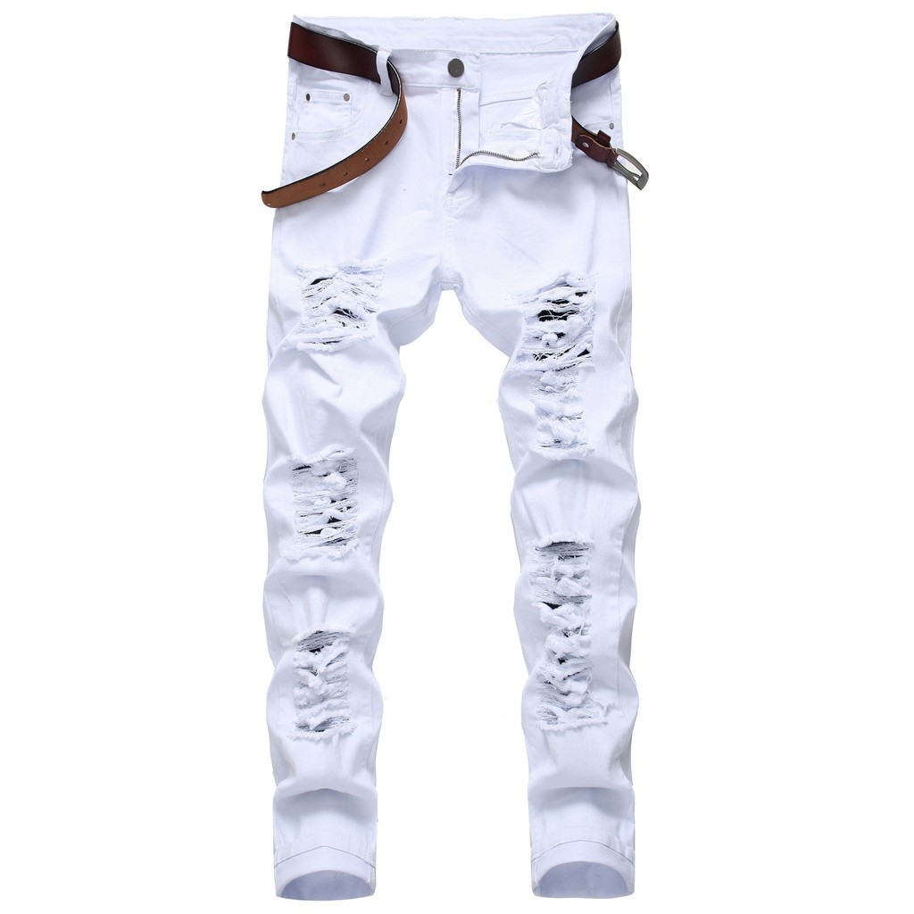 Jual Men's White Jeans Fashion Hip Hop Ripped Skinny Men Denim