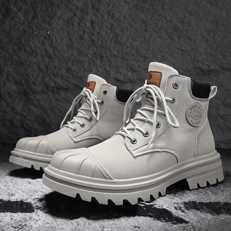 Shoes for Men Outdoor Male Booties Canvas Boots Toe Cap Anti-collision  Shoes Locomotive Ankle Boots Fashion Work Locomotive Boot