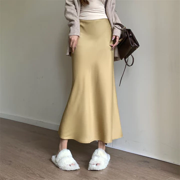 Rok Maxi Satin S 6XL Rok Pensil Pinggang Tinggi Fishtail Panjang Untuk Wanita