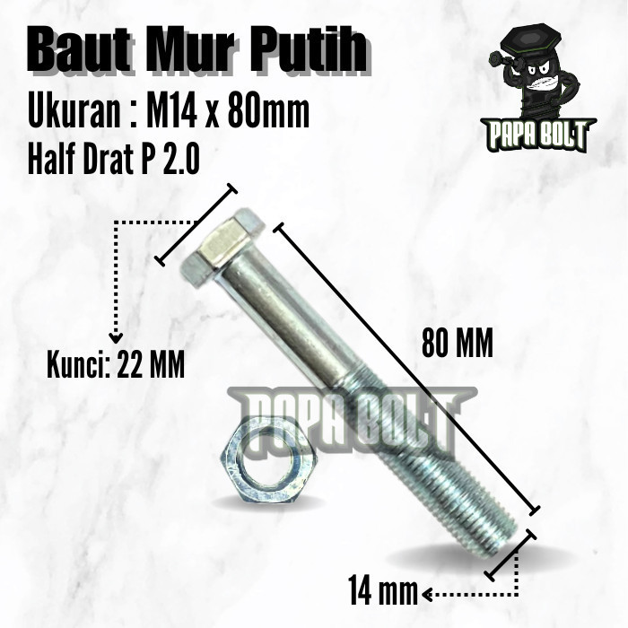 Jual Baut Mur Hexagon Galvanis Putih BMP Hex M14x80 / 14x80 14mm Kunci ...