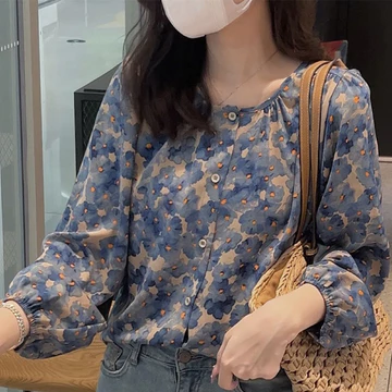 High Quality Fabric Red Blue Loose Sleeved Shirt Blouses For Women Fashion Korean Blus Longgar