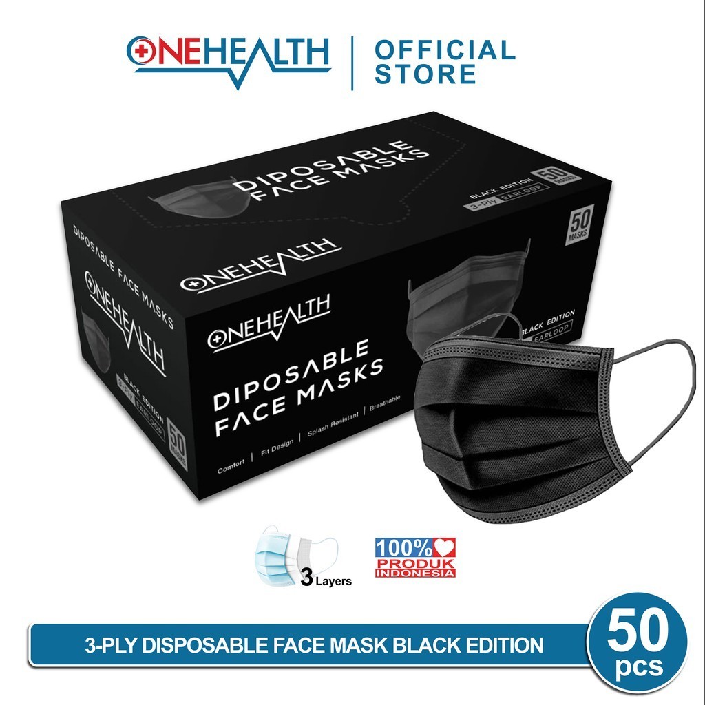 Jual Onehealth Masker Hitam Black Edition Disposable Face Mask 3 Ply ...
