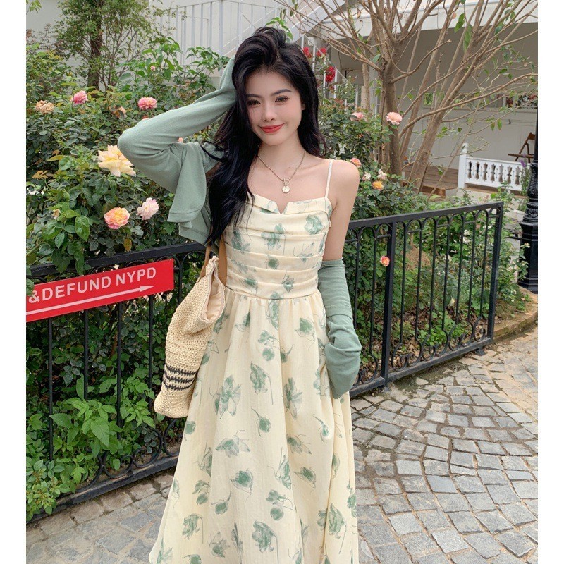 Jual Ruched Bodice Midi Dress in Green with Cardigan Dress