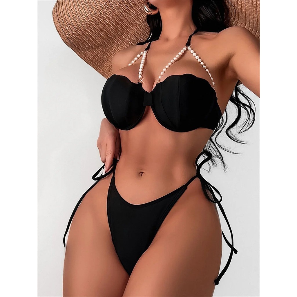 Jual Preorder Sexy Shell Shape Underwire Bikini Tie Side Thong Bikinis Swimwear Women 2024 Black 7769