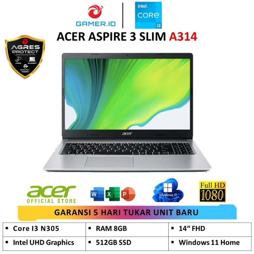 Jual Laptop Acer Aspire 3 Slim A314 36m Intel I3 N305 8core Ram 8gb 512gb Ssd Win11 Ohs 14 Fhd 5100