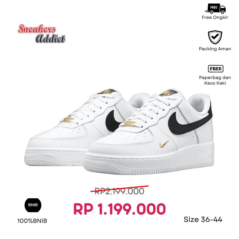 Sepatu Sneakers Air Force Low '07 Essentials White Black Gold Mini Swoosh  Unisex