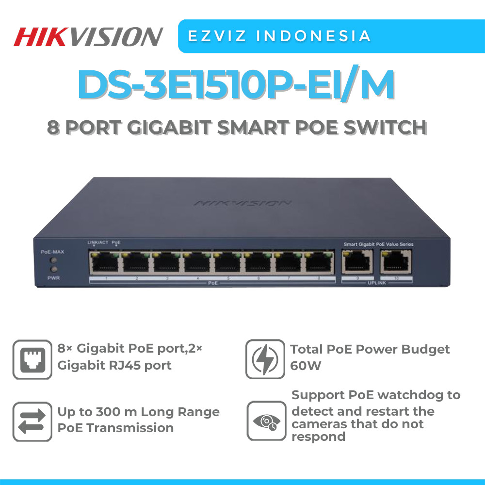Jual HIKVISION DS-3E1510P-EI/M 8 PORT GIGABIT SMART 60W POE SWITCH ...