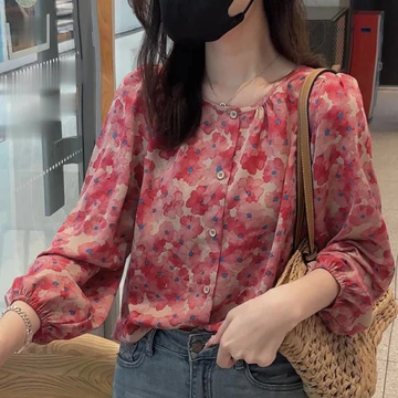 High Quality Fabric Red Blue Loose Sleeved Shirt Blouses For Women Fashion Korean Blus Longgar