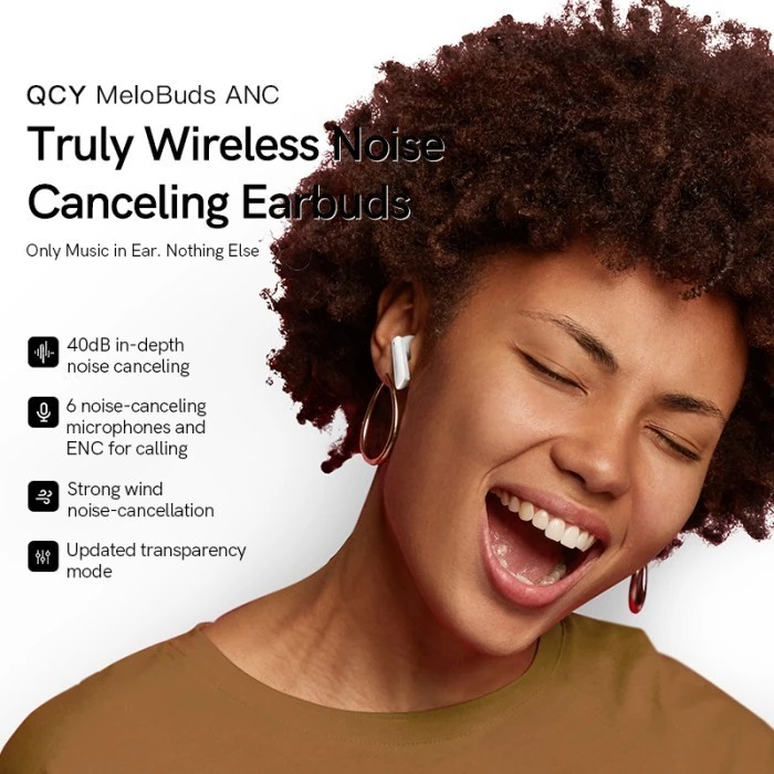 QCY HT05 MeloBuds ANC | TWS Earbuds White | Hybrid Noise Cancelling 40dB | ENC Mic | Bluetooth 5.2 | 30 Jam Playtime