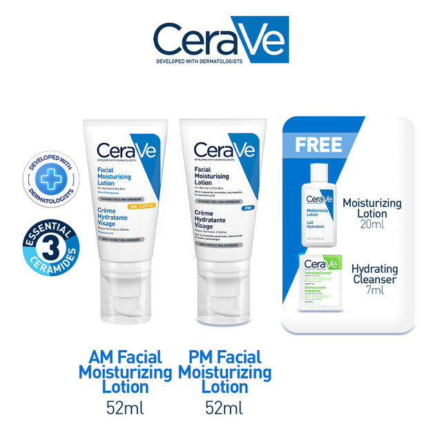 Jual CeraVe Day & Night Facial Moisturiser (AM + PM) FREE Cleanser