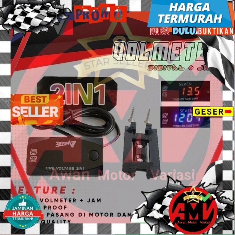 Jual VOLTMETER AKI 2 IN 1 pengukur kekuatan aki digital ples jam