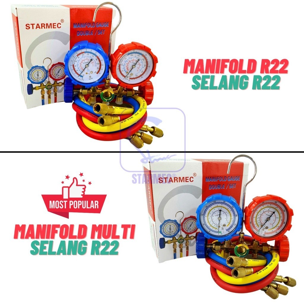 Jual Manifold AC R22 R410 R32 Double + Selang R22 Starmec (Knob Plastik ...