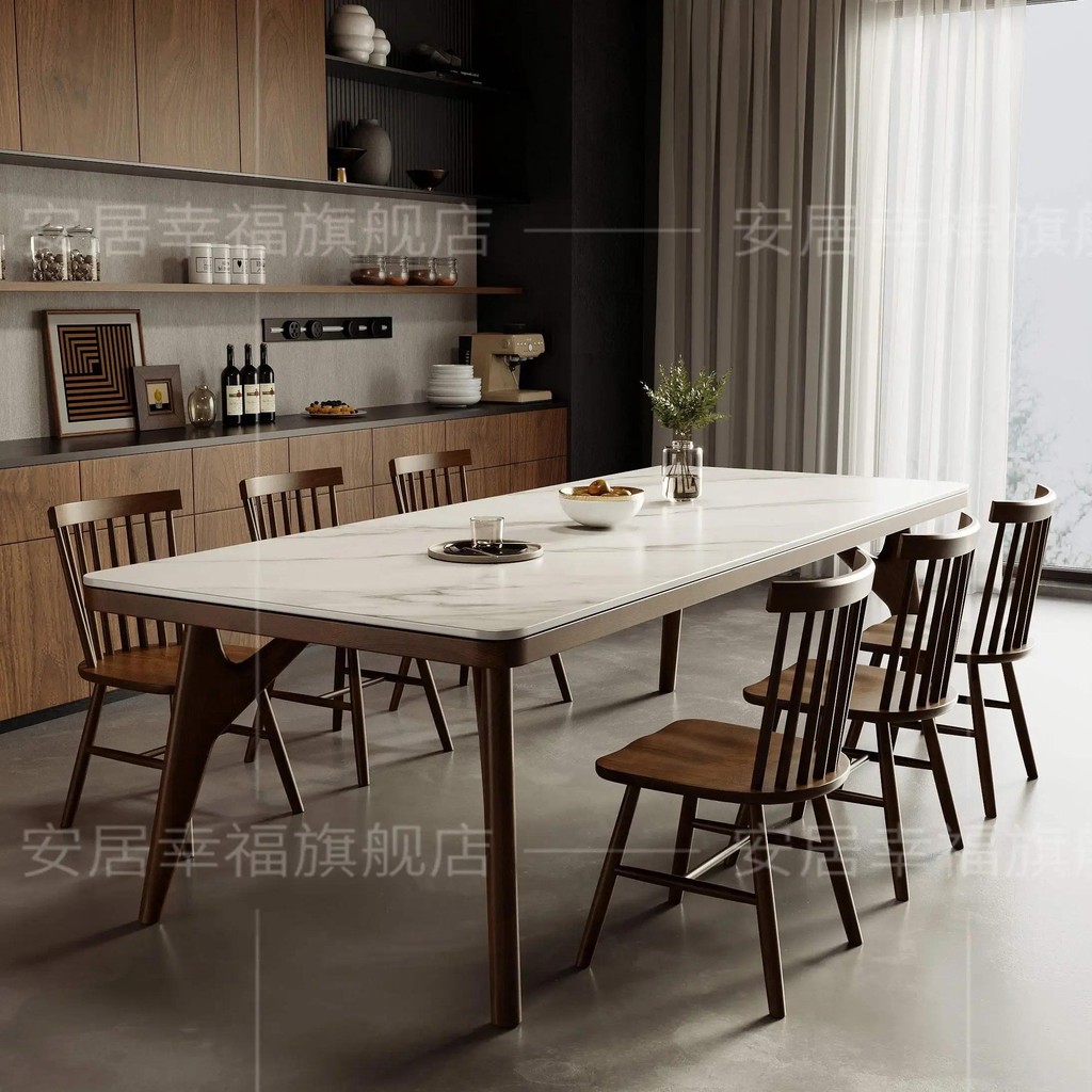 Jual Nordic solid wood dining table household bright rock slab modern ...