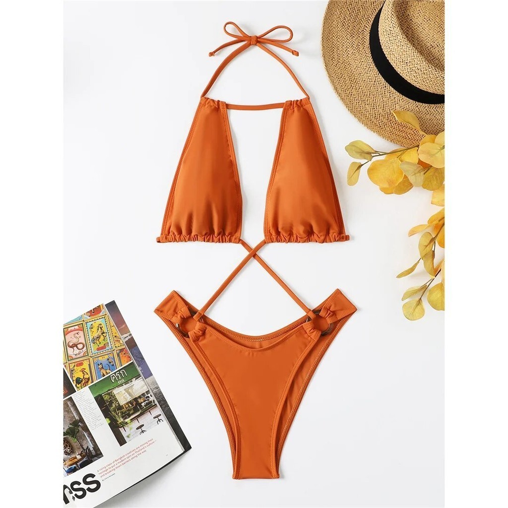 Women's Black White Hollow Tied Halter Backless Push Up Monokini Swimwear main image 0