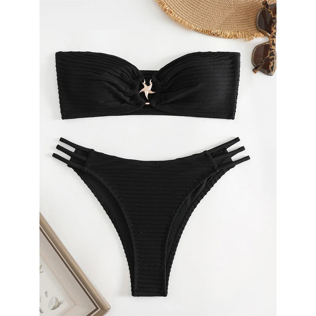 Jual Preorder Sexy Bandeau Bikini Women 2024 New Black Metal Ring Linked Cut Out Push Up Micro 4651