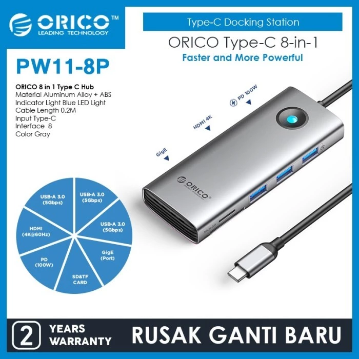 ORICO Type C Hub 5Gbps USB 3.0, USB-C PD100W, HDMI 4K@30Hz, RJ45 2.5G, SD amp;TF - PW11-8