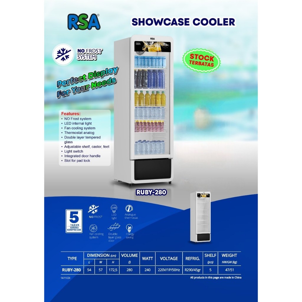 Jual SHOWCASE RSA RUBY 280 NO FROST 280 LITER TIDAK BERSALJU RAK ...