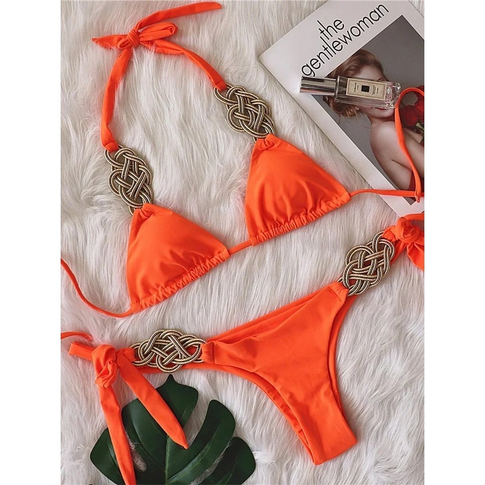 Jual Preorder Sexy Orange Weave Patchwork Bikini Set Women White High Cut Push Up Thong Swimsuit 0185