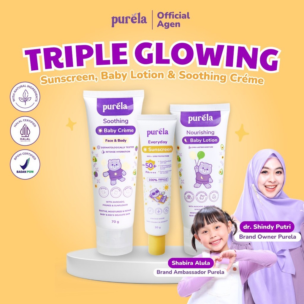 Jual PURELA TRIPLE GLOWING Soothing 70 gr , Baby Lotion 60 gr, Physical ...