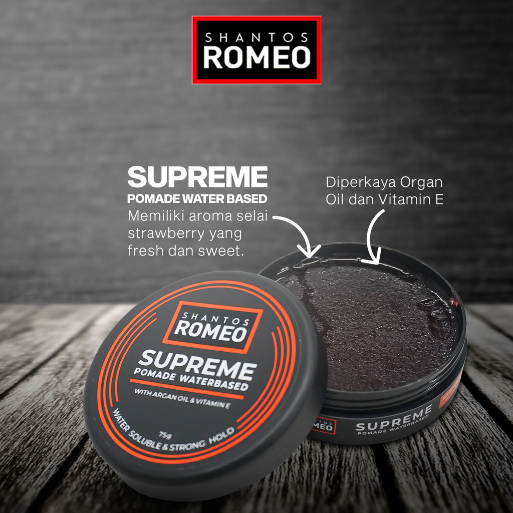 Jual SHANTOS ROMEO Supreme Pomade Waterbased 75GR SYU | Shopee Indonesia