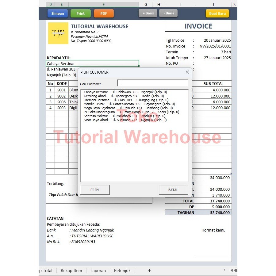 Jual Template Excel Invoice Otomatis Simpan ke Arsip, Cetak PDF, Cetak ...