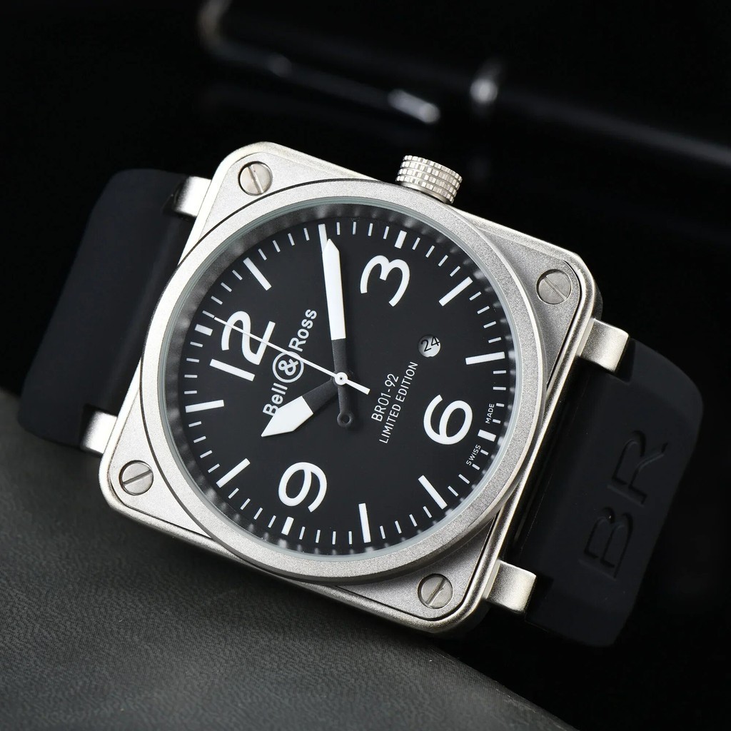 Jam Tangan Pria Top Bell Ross Brand Men Automatic Mechanical Watch  Leather Black Ross Rubber 46mm AAA Clock Large Dial Men for Watches