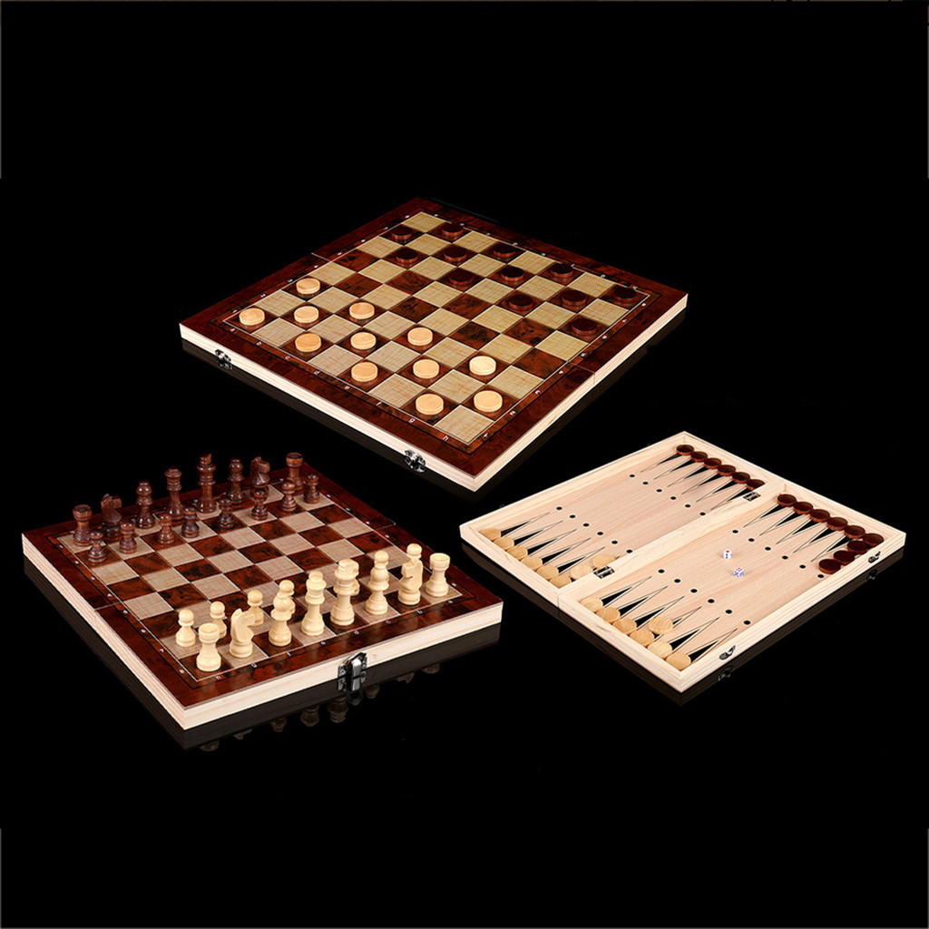 Jual 3 in 1 Chess Board, Folding Wooden Portable Chess Game Board ...