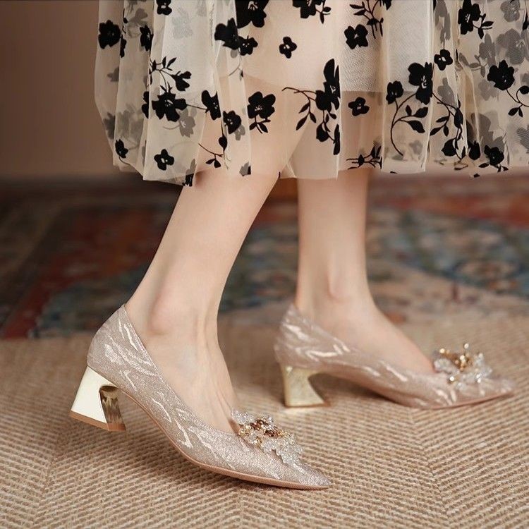 French Champagne Wedding Shoes Xiuhe Wedding Dress Two Wears Low Heels  Thick Heels High Heels Crystal Single Shoes Bridal Shoes Bridesmaid Shoes