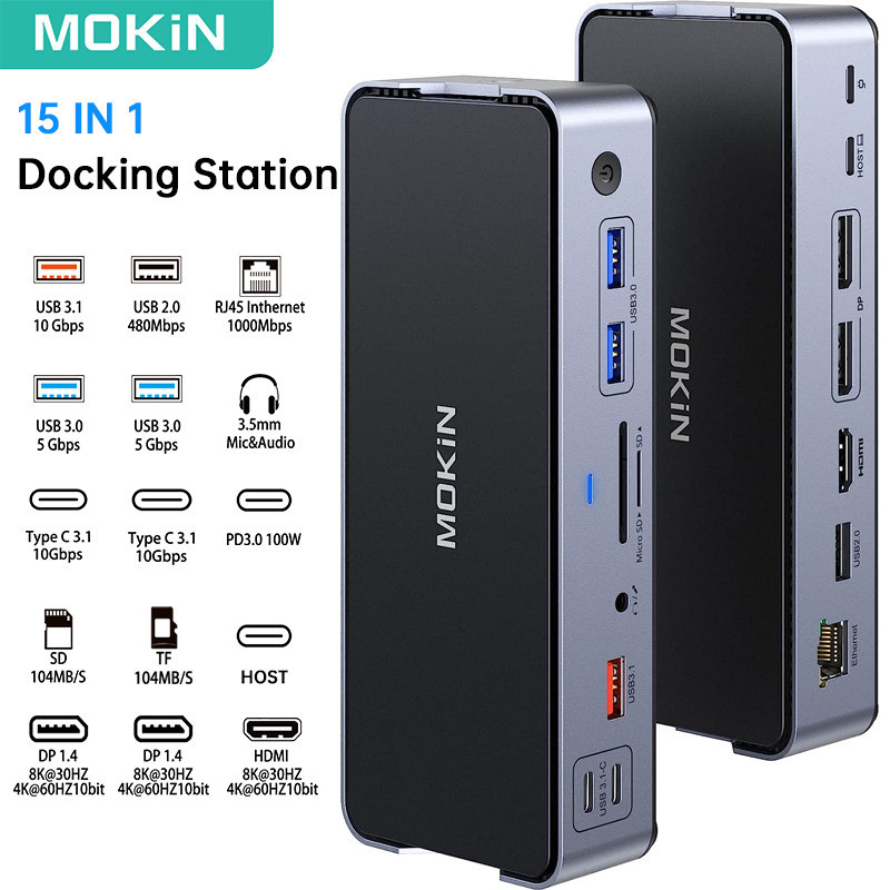 Jual MOKiN 15 IN 1 USB C Docking Station 8K 30hz HDMI Ports 3 Monitors ...