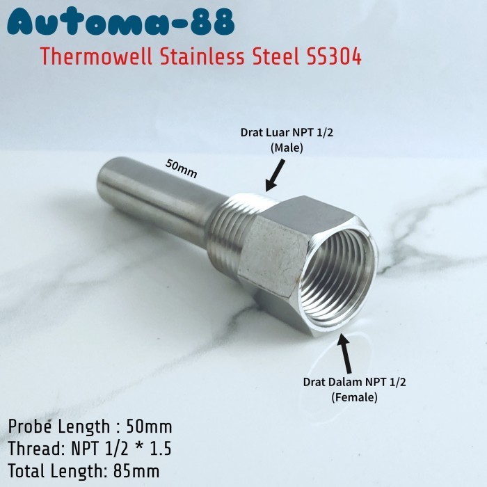 Jual MN08 Thermowell 50mm 5cm 1/2 Inch NPT Stainless Steel u ...