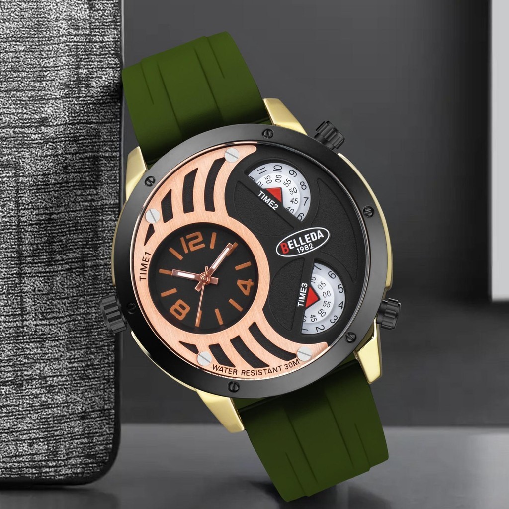 Jual Jam Tangan Pria Belleda 9257 Triple Mesin Strap Rubber Anti