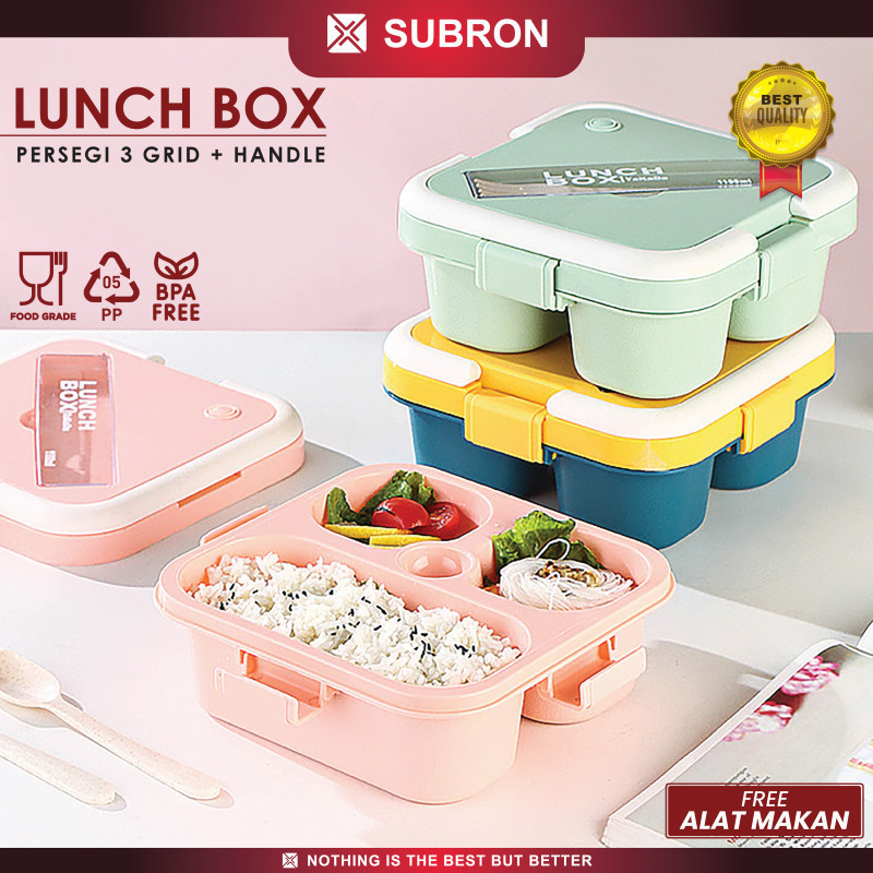 Jual SUBRON Lunch Box Rantang Persegi 900ML 3 Grid Handle Free Sendok ...