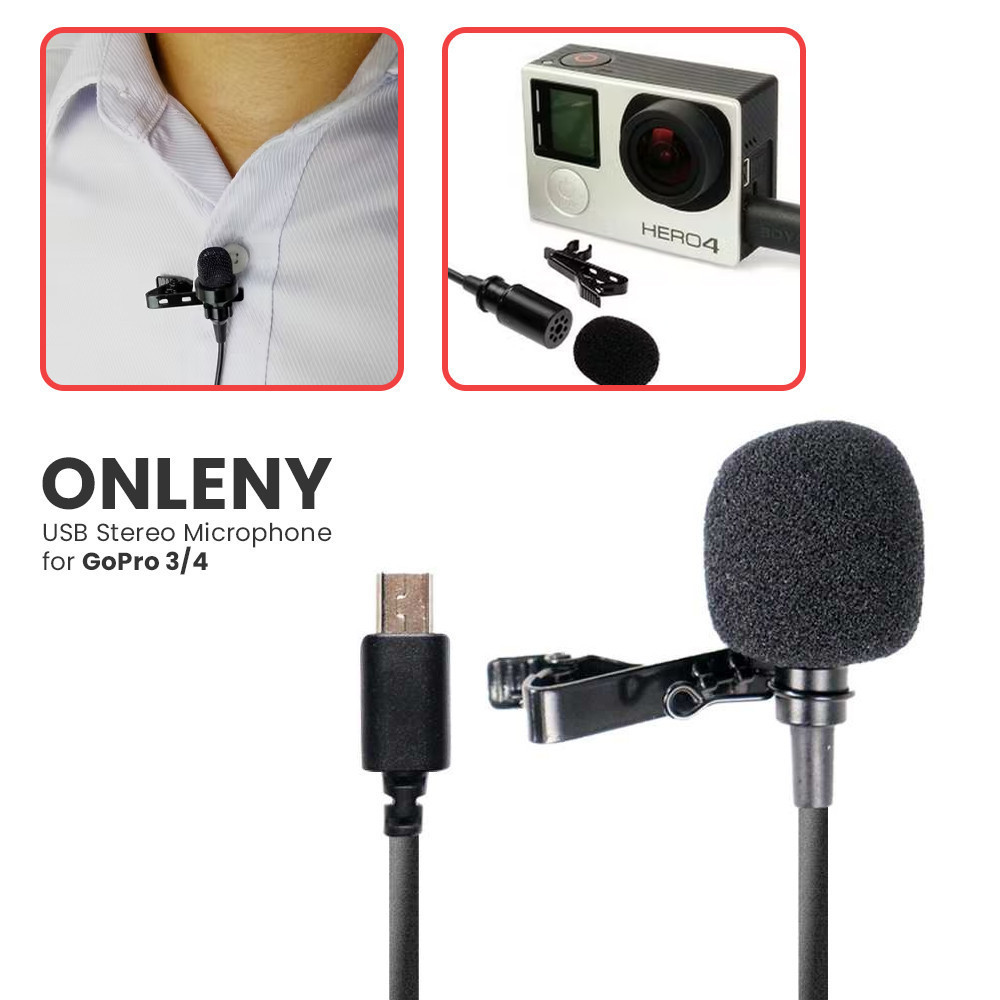 Jual ONLENY USB Stereo Microphone for GoPro 3/4 with Clip | Shopee ...