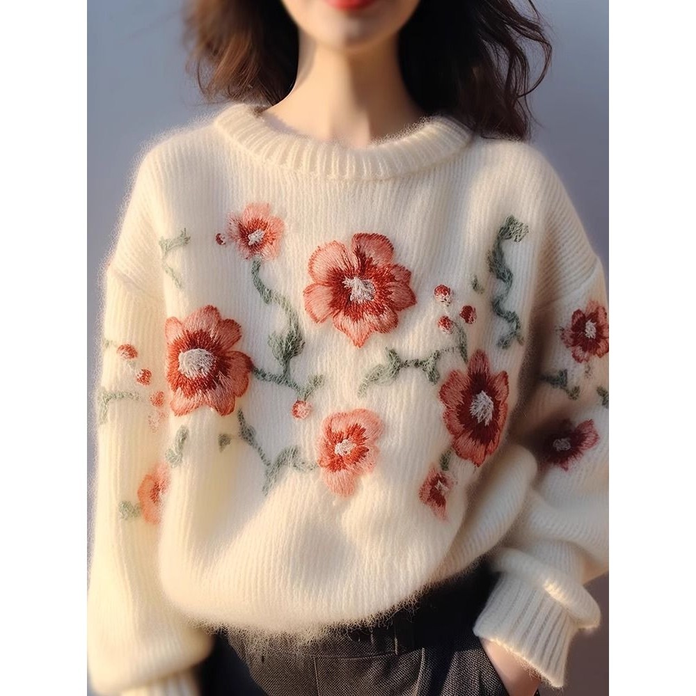 Jual European Heavy Industry Apricot Embroidered Pullover Knitted