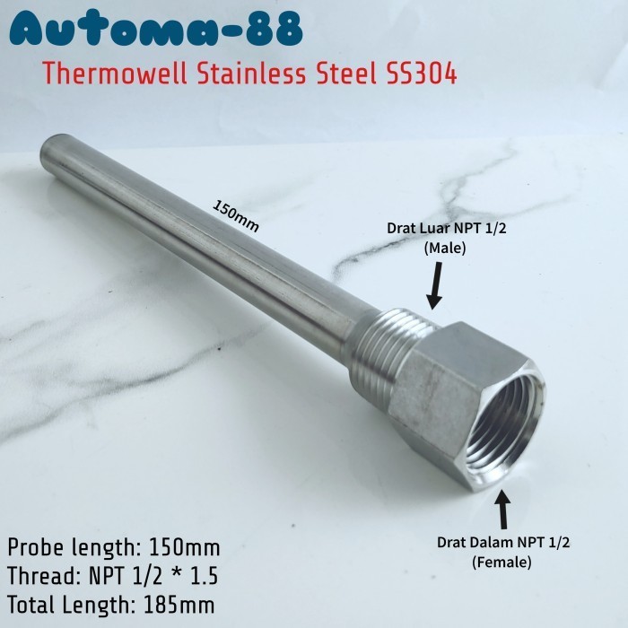 Jual MN08 Thermowell 150mm 15cm 1/2 Inch NPT Stainless Steel ...