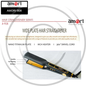 AMORI 908 Catokan Rambut Plat Lebar (Wide Plate) Dengan Nano Titanium Ceramic MCH Heater CO