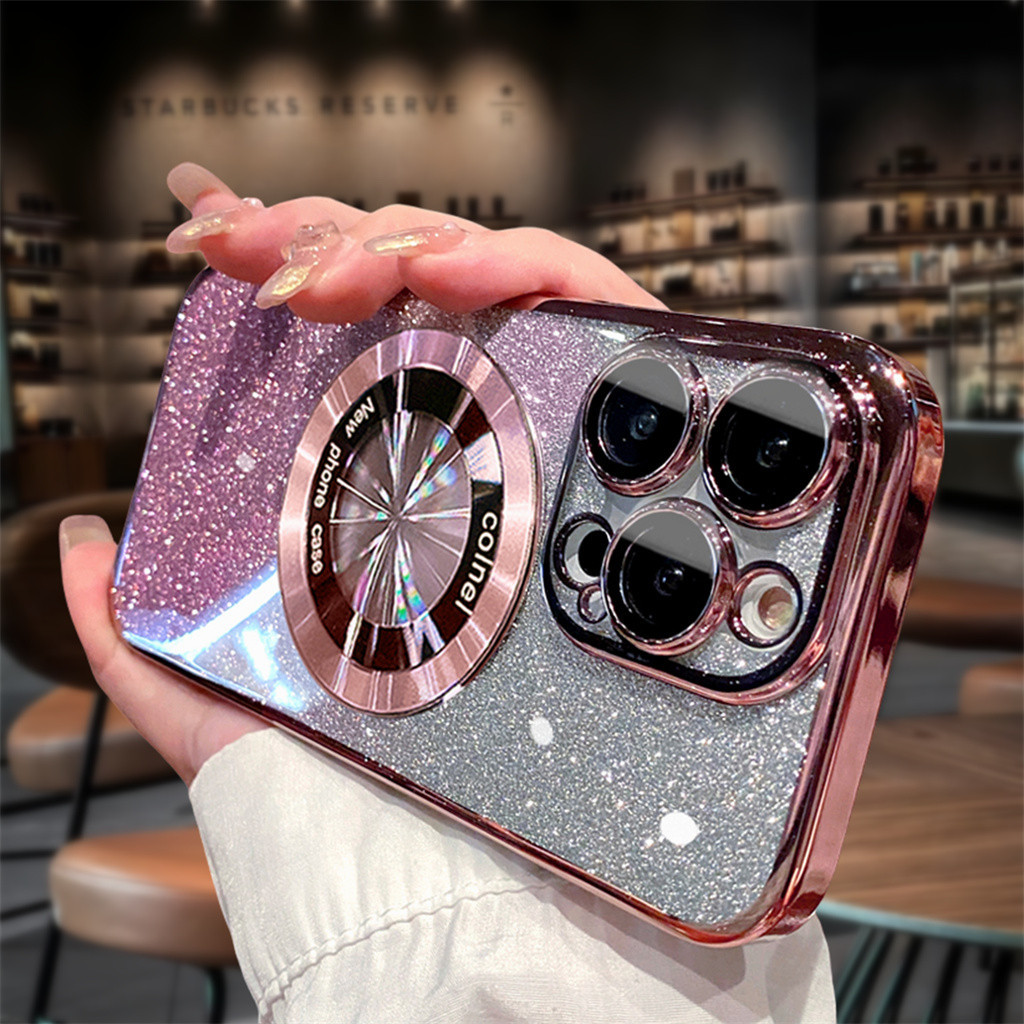 Luxury Plating Bumper Flash Glitter Magsafe Magnetic Phone Case For iPhone  15 14 13 12 11 Pro Max Lens Protector Cover
