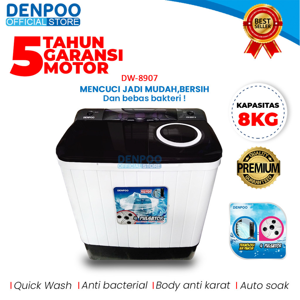 Jual MESIN CUCI 2 TABUNG DENPOO DW 8907 4P - 8 KG ANTI BAKTERI DAN ...