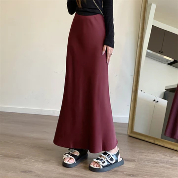 Rok Pelukan Pinggul Rok Ekor Ikan Satin Rok Pinggang Tinggi Gaya Kelas Atas Seksi Panjang