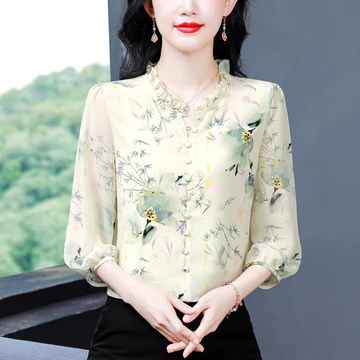 Bebovizi Blus Lengan 3 4 Korea Fashion Kerja Kasual Motif Sifon Atasan Wanita