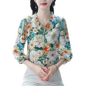 Bebovizi Blus Lengan 3 4 Korea Fashion Kerja Kasual Motif Sifon Atasan Wanita