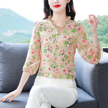 Bebovizi Blus Lengan 3 4 Korea Fashion Kerja Kasual Motif Sifon Atasan Wanita