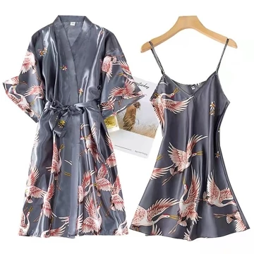 Kimono Tidur Wanita Seksi 2in1 Satin Mewah Baju Tidur Kimono Sexy Robe Dewasa Sutra Es Premium
