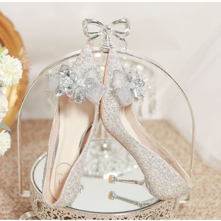 Silver White Bridal Shoes Master Wedding Dress Show He Crystal Shoes Bridal  Wedding Shoes High Heels Female French High Heels Crystal Flower