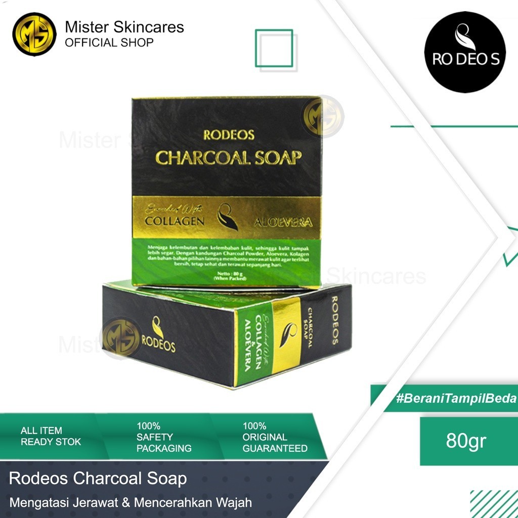 RODEOS Charcoal Soap 80gr Collagen Aloevera - Sabun Pembersih Wajah Pria Anti Jerawat Kusam & Komedo